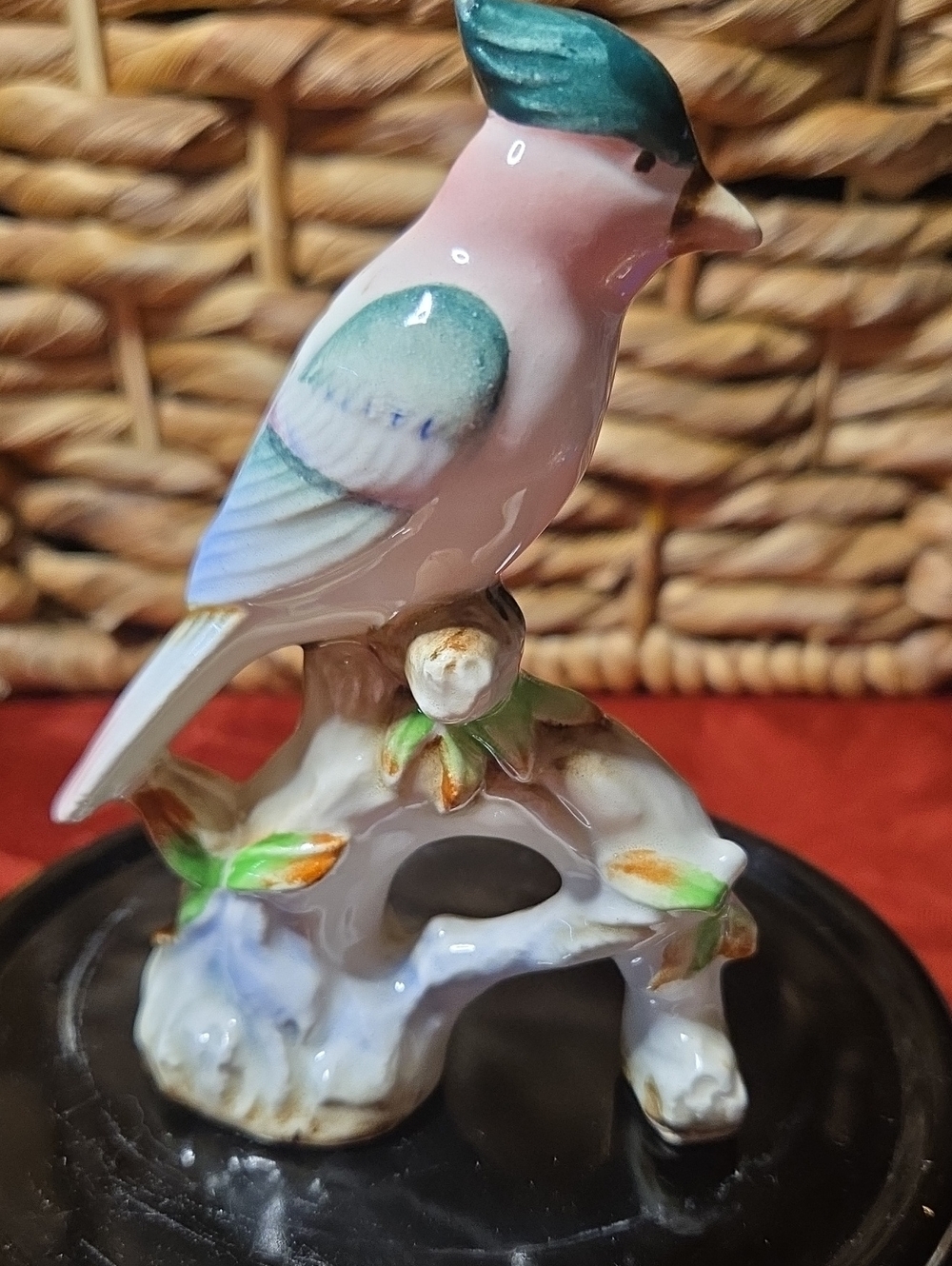 Vintage Japan Ceramic Bird Figurine in Pink and Teal